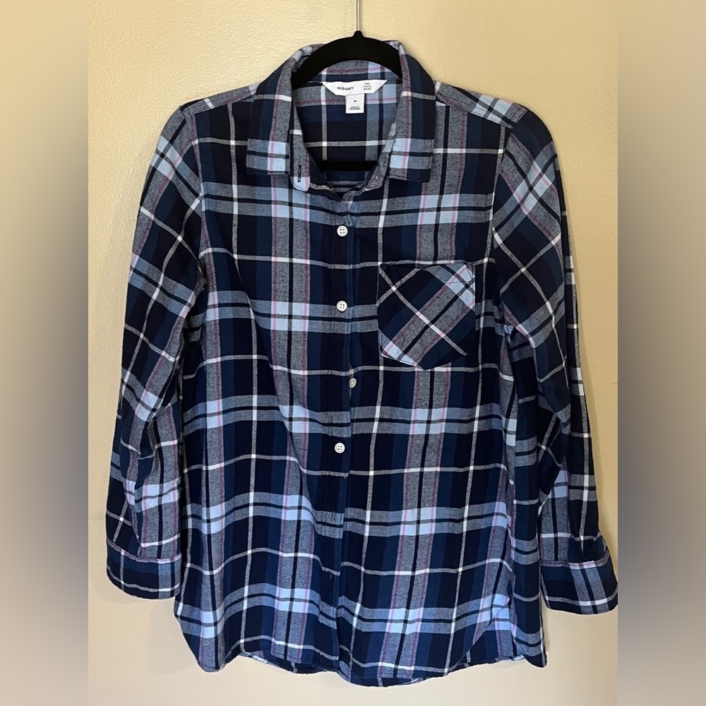 Old Navy Women's Size M Blue Plaid Flannel The Tunic Shirt